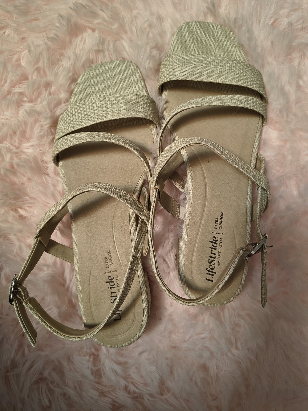 Life Stride Neutral Beige Strappy Ankle-Wrap Sandals